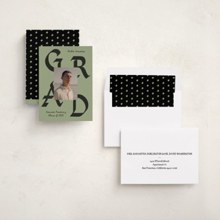 This is a moss graduation announcements with standard by Chryssi Tsoupanarias called calligraphic ink printing on recycled smooth signature in standard