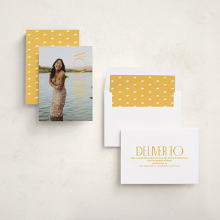 This is a marigold graduation announcements with standard by Owl and Toad called pillar printing on recycled smooth signature in standard