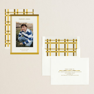 This is a golden graduation announcements with standard by Kelly Watkins called wide frame printing on recycled smooth signature in standard