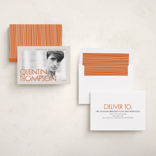 This is a tangerine graduation announcements with standard by Heather Schertzer called bound printing on recycled smooth signature in standard