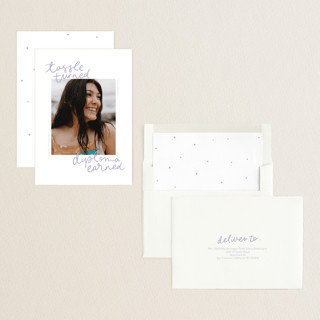 This is a lavender graduation announcements with standard by Abbigail Lim called tassel turned, diploma earned printing on recycled smooth signature in standard