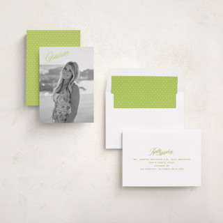 This is a lime graduation announcements with standard by JoAnn Jinks called neon vintage printing on recycled smooth signature in standard
