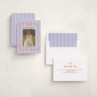This is a peach lilac graduation announcements with standard by Vera Lim called whimsical stripes printing on recycled smooth signature in standard