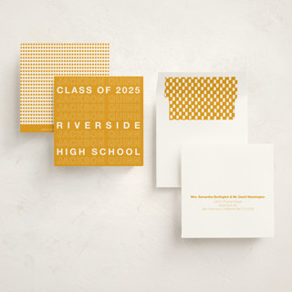 This is a goldenrod graduation announcements with standard by Cleghorn Creative called be there or be square printing on signature in standard