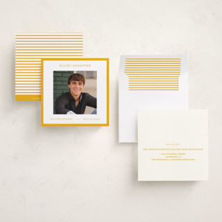 This is a golden graduation announcements with standard by JoAnn Jinks called square printing on recycled smooth signature in standard