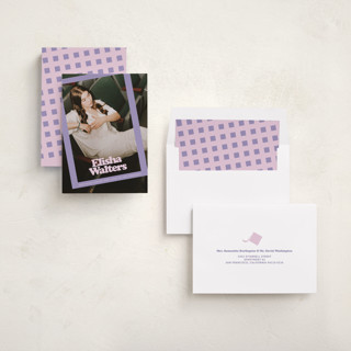 This is a lilac graduation announcements with standard by Inkblot Design called filter printing on recycled smooth signature in standard