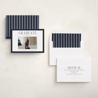 This is a navy graduation announcements with standard by Christy Hy Lee called classic layout printing on recycled smooth signature in standard