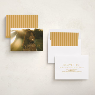 This is a mustard graduation announcements with standard by JoAnn Jinks called elegant name printing on recycled smooth signature in standard