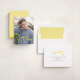 This is a lemon graduation announcements with standard by Sara Hicks Malone called next stop printing on recycled smooth signature in standard