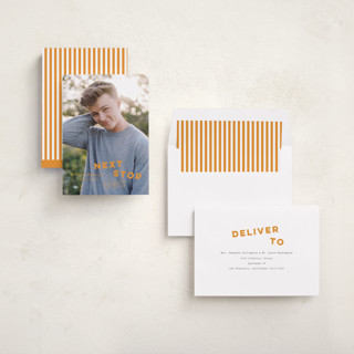 This is a peach graduation announcements with standard by Sara Hicks Malone called next stop printing on recycled smooth signature in standard
