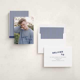 This is a navy graduation announcements with standard by Sara Hicks Malone called next stop printing on recycled smooth signature in standard