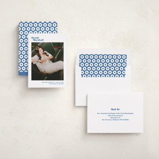This is a cornflower graduation announcements with standard by Megan Davis called vinyl printing on recycled smooth signature in standard