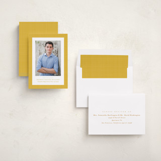 This is a marigold graduation announcements with standard by Lea Delaveris called linen frame printing on recycled smooth signature in standard