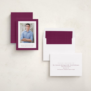 This is a berry graduation announcements with standard by Lea Delaveris called linen frame printing on recycled smooth signature in standard