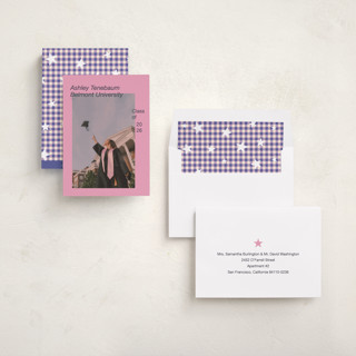 This is a flamingo graduation announcements with standard by Jennifer Lew called zine printing on recycled smooth signature in standard