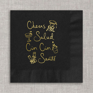 This is a black party decorations by Maria Ferrer G. called cheers, salud, cin cin, santé cocktail napkins - black napkins (set of 20) in standard