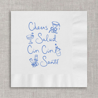 This is a white party decorations by Maria Ferrer G. called cheers, salud, cin cin, santé cocktail napkins - white napkins (set of 20) in standard