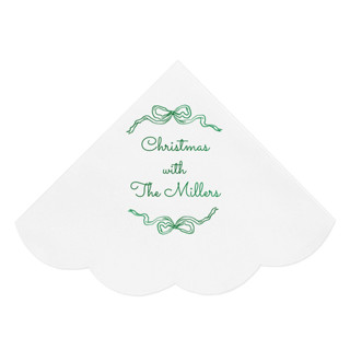 This is a white party decorations by ForYourParty called holiday bows scalloped luncheon napkin in standard