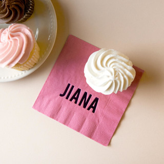 This is a pink party decorations by ForYourParty called bold block name napkin, cocktail size, set of 50 in standard