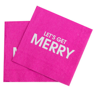 This is a pink party decorations by Chez Gagné called let's get merry - cocktail napkins in standard