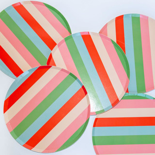 This is a multicolor party decorations by POP Party Supplies called striped dinner plates (x12) in standard