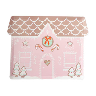This is a pink party decorations by Jollity and Co called baking spirits bright pink gingerbread house large plates - set of 8 in standard