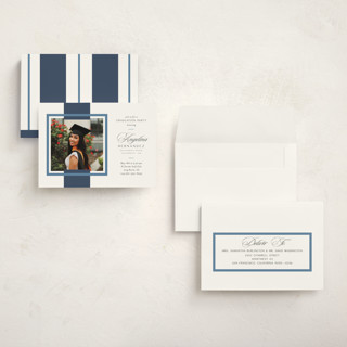 This is a navy graduation invitations with standard by Owl and Toad called preppy frame printing on signature in petite