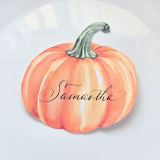 This is a orange party decorations by Inkspiringletters called watercolor pumpkin- personalized hand-calligraphed watercolor die-cut place cards- set of 10 in standard