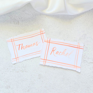This is a orange party decorations by Inkspiringletters called watercolor orange plaid place cards- personalized with hand-lettering- set of 10 in standard