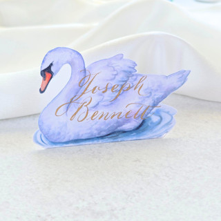 This is a white party decorations by Inkspiringletters called folded watercolor swan place card- personalized with calligraphy- set of 10 in standard