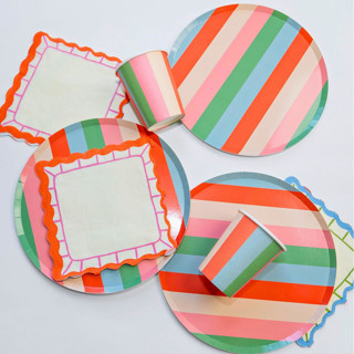 This is a multicolor party decorations by POP Party Supplies called vibrant striped party pack – paper plates, cups and napkins for every celebration (x12 person party) in standard