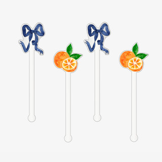 This is a clear party decorations by Liesel Anne called orange and navy bow acrylic drink stir sticks (set of 4) in standard