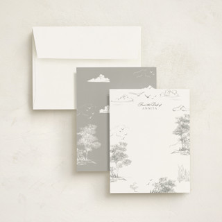 This is a stone personalized stationery thank you cards with standard by Lucrecia Caporale called lake side toile printing on signature in 4.25x5.5