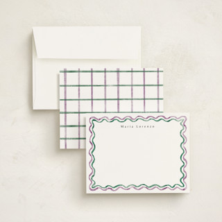 This is a sugar plum personalized stationery thank you cards with standard by Cass Loh called watercolor wavy border printing on signature in 4.25x5.5