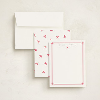 This is a red ribbon personalized stationery thank you cards with standard by Alston Foster called bow border printing on signature in 4.25x5.5