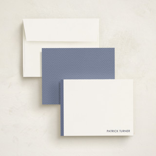 This is a navy personalized stationery thank you cards with standard by Seth Caskey called herringbone printing on signature in 4.25x5.5