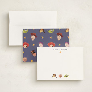 This is a plum personalized stationery thank you cards with standard by Dani Lugato called pixar's toy story toys printing on signature in 5x7