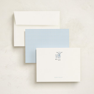 This is a pale blue personalized stationery thank you cards with standard by mo kelley called lil' lamb printing on signature in 5x7