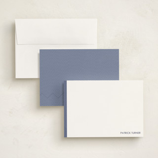 This is a navy personalized stationery thank you cards with standard by Seth Caskey called herringbone printing on signature in 5x7