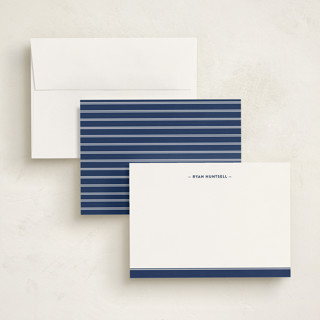This is a navy personalized stationery thank you cards with standard by Ann Gardner called preppy stripe printing on signature in 5x7