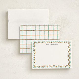 This is a mint chocolate personalized stationery thank you cards with standard by Cass Loh called watercolor wavy border printing on signature in 5x7