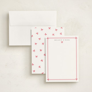 This is a red ribbon personalized stationery thank you cards with standard by Alston Foster called bow border printing on signature in 5x7