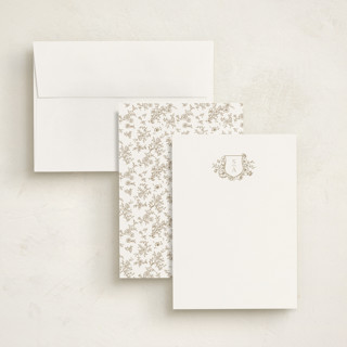 This is a champagne personalized stationery thank you cards with standard by Cass Loh called floral crest printing on signature in 5x7