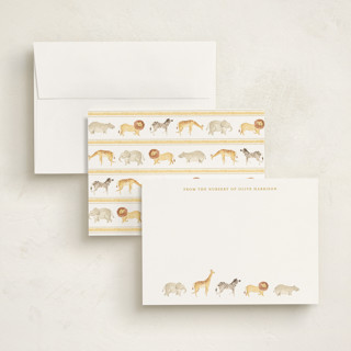 This is a butter personalized stationery thank you cards with standard by Sarah Knight called menagerie printing on signature in 5x7