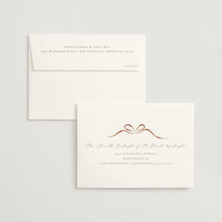 This is a crimson bridal shower thank you cards with standard by Corinne Malesic called bow printing on strathmore in standard