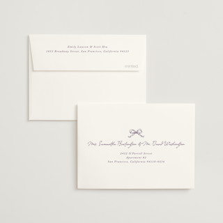 This is a lilac bridal shower thank you cards with standard by Cass Loh called ribbon bow drawing printing on strathmore in standard