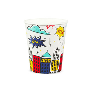 This is a multicolor party decorations by Jollity and Co called superhero 9 oz cups - pack of 8 in standard