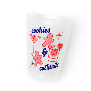 This is a multicolor party decorations by ForYourParty called cookies and cocktails holiday frosted plastic cups, pack of 12 in standard