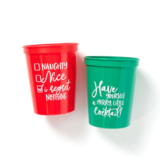 This is a multicolorassorted-colors party decorations by ForYourParty called holiday naughty and nice cup pack, 16oz stadium cup, pack of 12 in standard