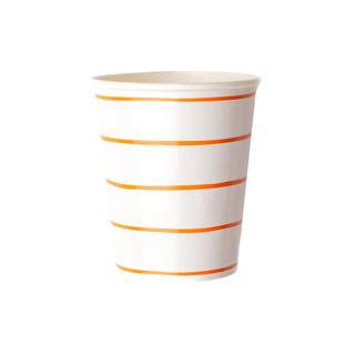 This is a orange party decorations by Jollity and Co called clementine frenchie striped 9 oz cups in standard